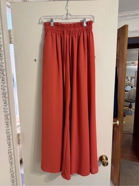 Wide-Leg Paperbag Waist Pants - Rust Red